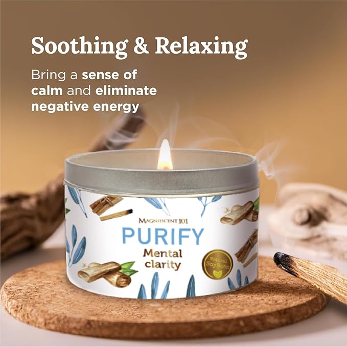 MAGNIFICENT 101 Sage Aromatherapy Candle for Meditation & Focus - 6 Oz Off-White Tin 35-Hour Burn - Soy Wax, Palo Santo, Lavender & Sandalwood - Candles for Purifying & Energy Cleansing