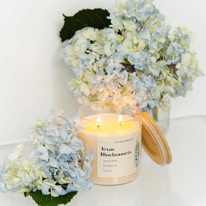Calyan Wax Co. Texas Bluebonnets 2 Wick Scented Candle - 37 Hour Burn - Luxury Non Toxic Soy Wax Candles - Long Lasting Large Glass Jar Candle for Home - 8.8oz