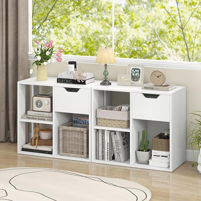 LOKO 3-Cube Bookshelf with Drawer, 2-Tier Open Shelf Bookcase, Freestanding Display Shelf, Modern Home Storage Organizer, Shelving Unit for Living Room, Bedroom, Study, Office (1, White)