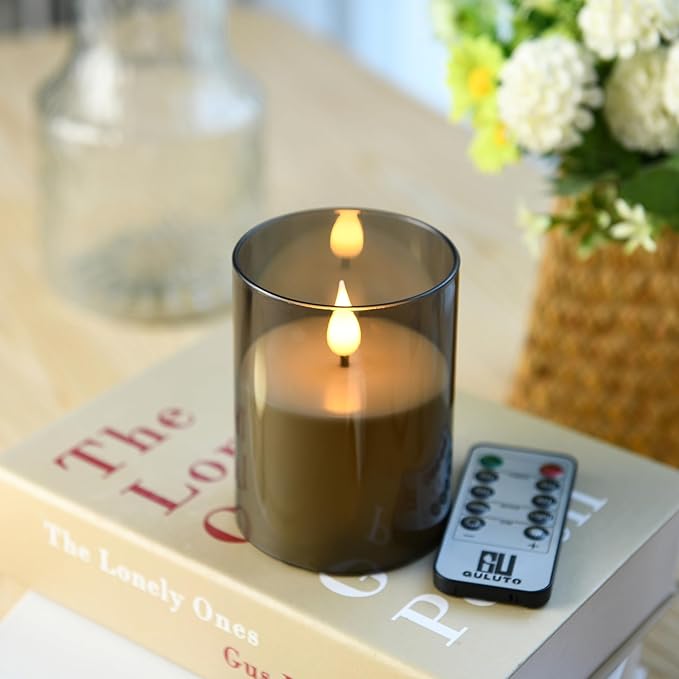 Flameless Flickering Candles, Non-breakable Battery Operated Candles, D 3" x H 5", Set of 2, Led Acrylic Grey Electric Pillars Candle with Remote and Timers for Wedding Party Romantic Decor
