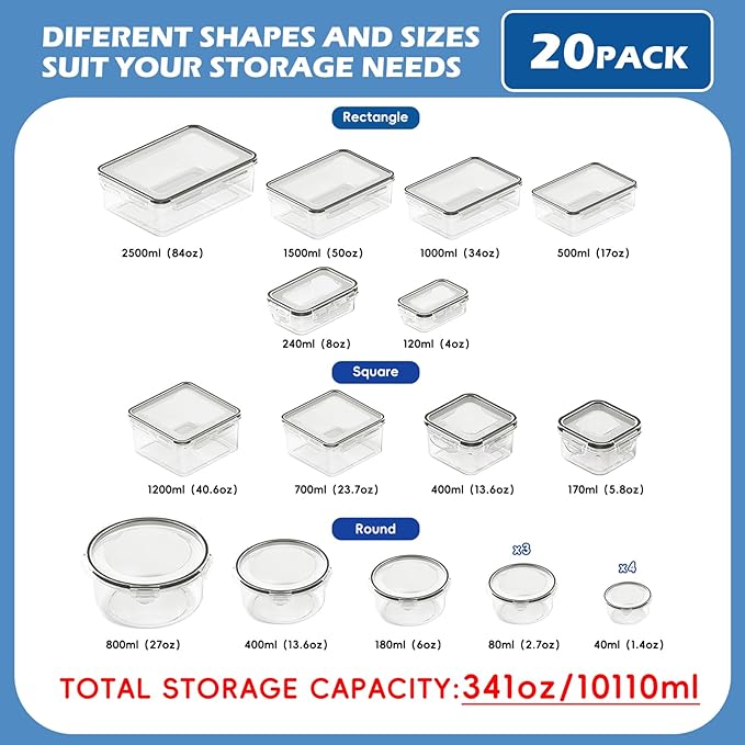 40 Pcs 84oz Large Food Storage Containers with Lids, Reusable Meal Prep Containers for Kitchen Storage, Airtight Leakproof & BPA-Free Freezer, Microwave & Dishwasher Safe