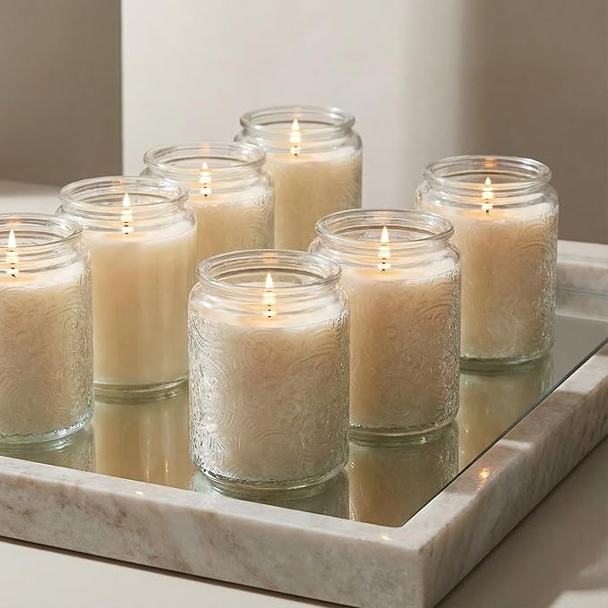 9-Pack 8oz Embossed Glass Candle Container with Bamboo Lids and Labels, Clear Candle Jars for Making Candles, Sun Moon Star Design