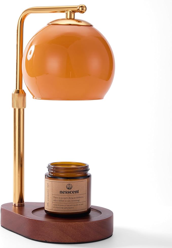 Amber Glass Candle Warmer Lamp Adjustable Height Dimmer 2 4 8 Hour Timer Dark Wood Base Wax Melter Includes Scented Candle and 2 Bulbs for Cozy Bedroom Living Room Home Decor