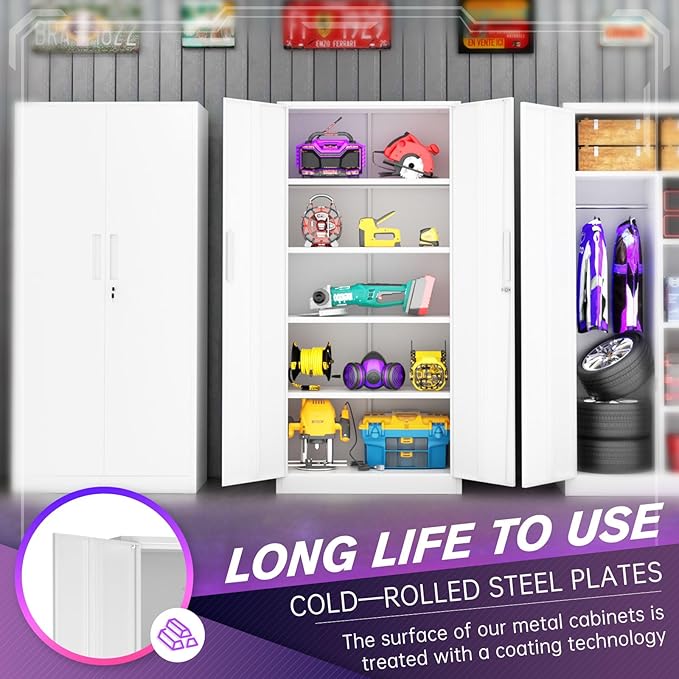 Superday Metal Storage Cabinets, 71" Steel Storage Cabinet with Lock, Tall White Cabinet with 2 Doors and 4 Adjustable Shelves for Garage, Home Office, Classroom, File, Easy Assemble