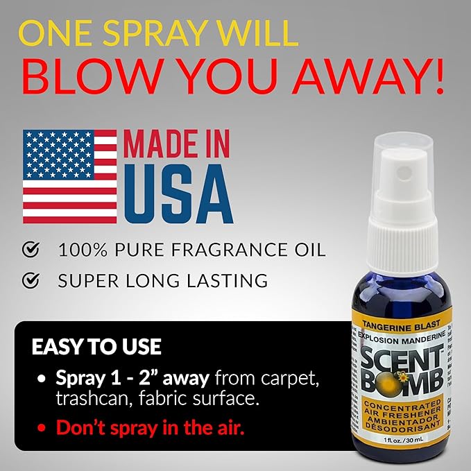 Scent Bomb Air Freshener Spray, Long-Lasting Odor Eliminator - Effective Deodorizer for Home & Car, Fresh Room Spray for Kitchen, Bathroom & Smell Neutralizer - 1 oz Pack of 4, Tangerine Scent