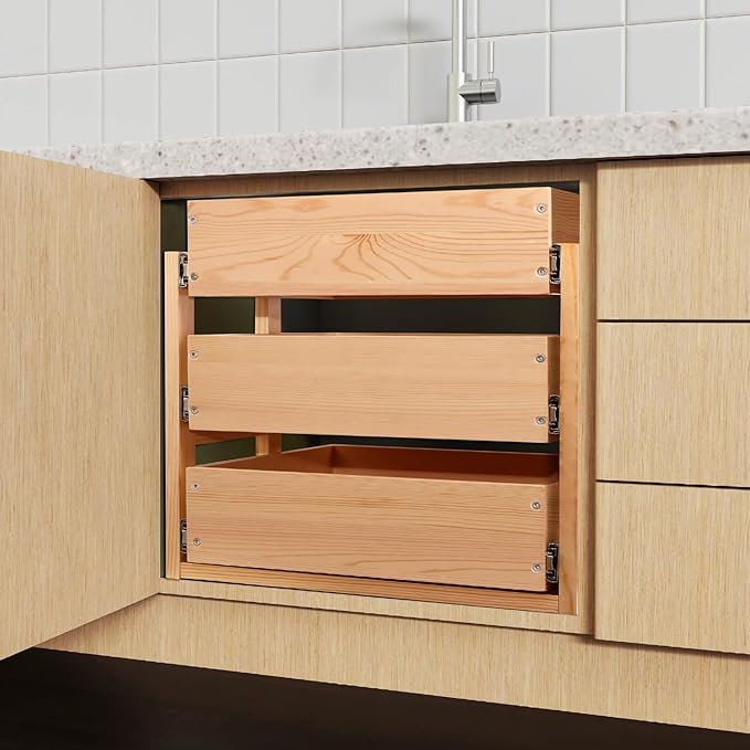 Mulush Pull Out Drawers For Cabinets, 14''W×21''D×19''H Soft Close Slide Out Wood Shelves Storage Organizer for Kitchen, 3-Tier, Finished, Heavy-Duty, Bottom Assembly