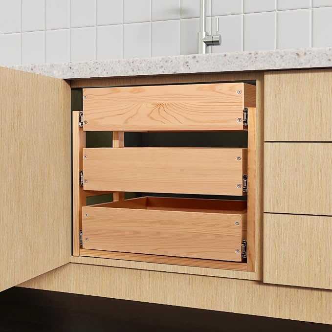Mulush Pull Out Drawers For Cabinets, 20''W×21''D×19''H Soft Close Slide Out Wood Shelves Storage Organizer for Kitchen, 3-Tier, Finished, Heavy-Duty, Bottom Assembly