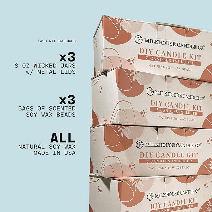 Milkhouse Company Candle Fall DIY Candle Kit - Apple Strudel | Brown Butter Pumpkin | Caramel Corn Scented Wax Beads - 3 Bags of Scented Beads & 3 Wicked Jars with Lids, Made in the USA