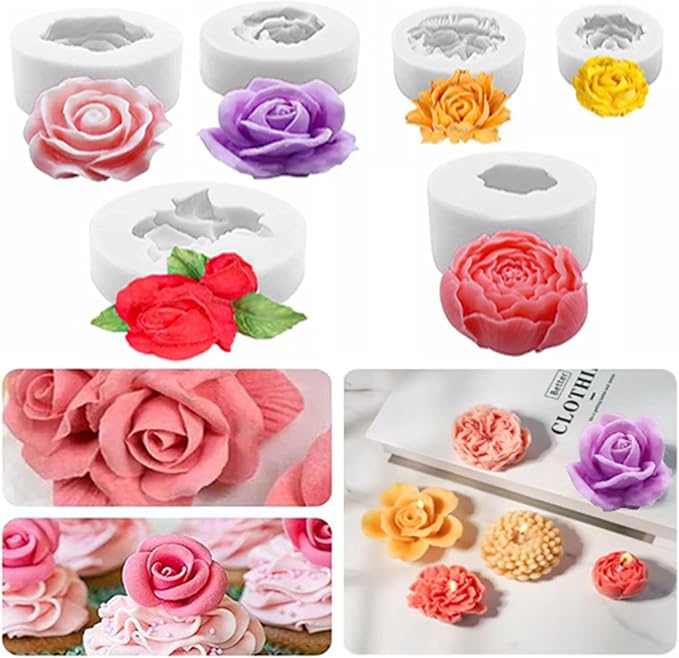Flower Candle Resin Mold,Silicone Flower Mold for Candle Making 6Pcs 3D Rose Peony Valentine Mother Day Silicone Candle Mold for Soap Soy Wax Beeswax Resin Craft