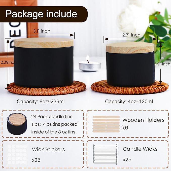 CONNOO 24 Pack Candle Tins, 12pcs 8 OZ & 12pcs 4 OZ Black Jars with Metal Wood-Grain Lids for Making Candles, Bulk Empty Containers for Candle Making, Wick Kit Included