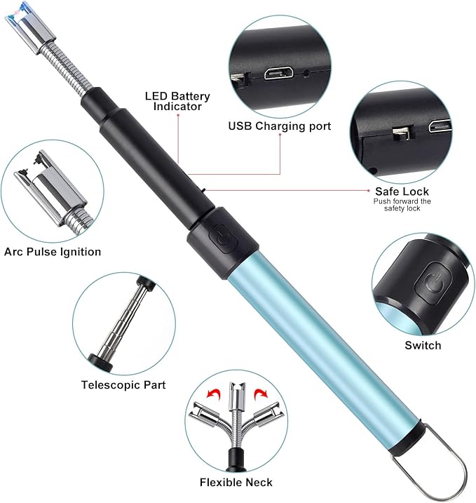 Navpeak Candle Arc Lighters Long Flexible Neck 70cm Rechargeable Telescopic Electric Flameless Lighter for Kitchen Fireplace Pilot Light BBQ Stove (Blue)