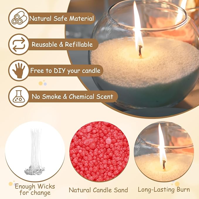MECCANIXITY Pearled Sand Candles with 20 Pcs Wicks 7Oz / 200g Candle Beads Refillable Powder Sand Wax Making Kit for Thanksgiving Christmas Wedding Party DIY Home Crafts, Red