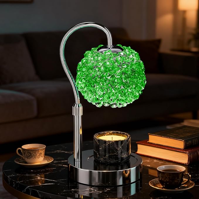 Luxury Candle Warmer Lamp with Timer & Dimmable Brightness, Crystal Gemstone Shade & Premium Base - Adjustable Wax Melt Warmer for Home Decor (Green)