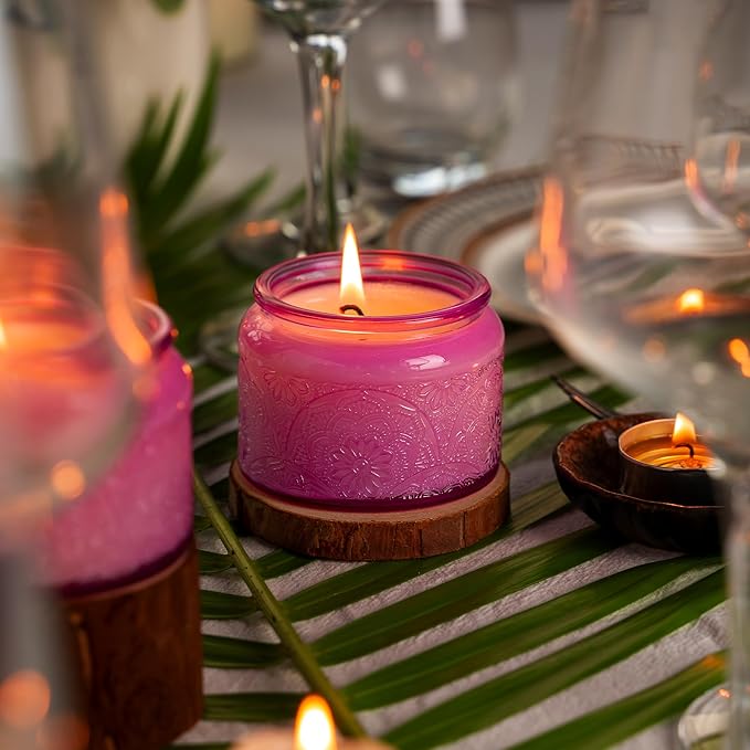 18-Pack 4oz Embossed Glass Candle Container with Bamboo Lids and Labels, Purple Candle Jars for Making Candles, Mandala Design