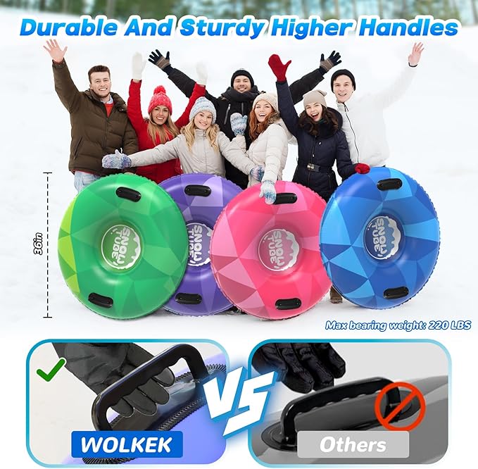 WOLKEK 3Pack Snow Tubes, Snow Sled for Kids and Adults, Cold-Resistant Inflatable Snow Tube, Thickened Heavy Duty Sleds for Winter with Handles, Snow Toys, Snow Sleds for Family Activities Outdoor Fun