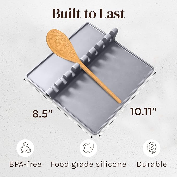Cooler Kitchen Gray Silicone Spoon Rest for Stove Top with Drip Pad (1 Pack) - Extra Large Heat-Resistant, BPA-Free Utensil Rest for Kitchen Counter - Utensil Holder for Spatulas, Tongs, Ladles
