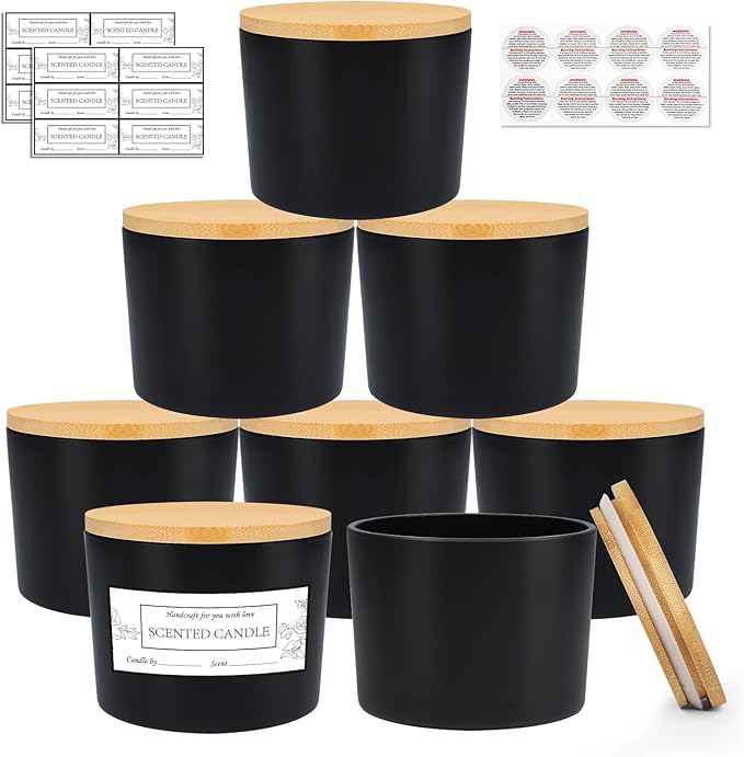 CONNOO 8 Pack 12 OZ Black Glass Wide Mouth Candle Jars for Making Candles with Airtight Bamboo Lids Nice Sticky Warning Labels for Candle Making Empty Container Bulk - Dishwasher Safe