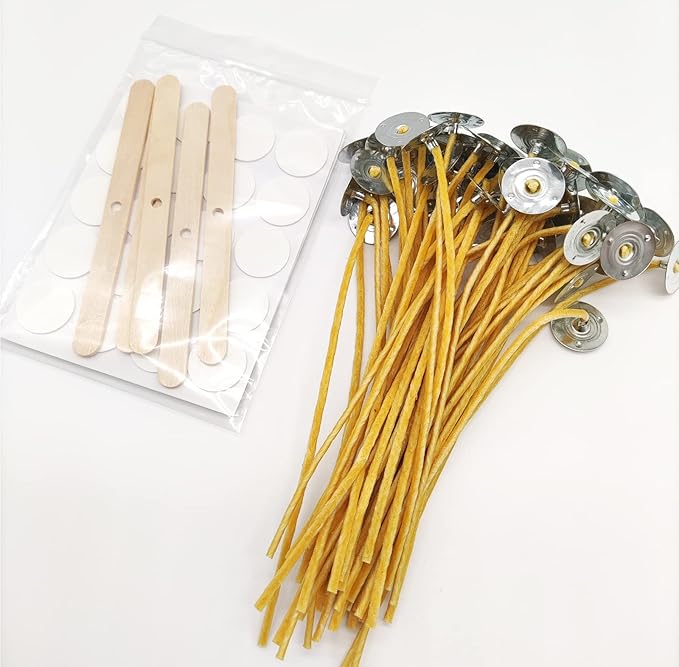 50 Pcs 6" Natural Candle Wicks,Pre-Waxed by 100% Beeswax & Tabbed with 60Pcs Candle Wick Stickers and 5 Pcs Wooden Candle Wick Centering Device, for Candle Making，Candle DIY