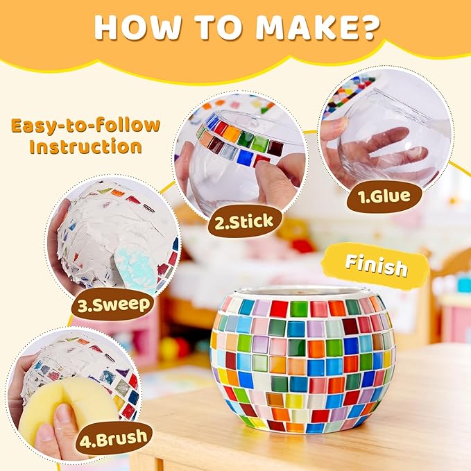 ONE TO FOUR Kids Craft Kit Mosaic Stained Glass Candle Holder - DIY Arts and Crafts for Kids Ages 8-12 & Adults, Turkish Night Light Making Kit, Ideal Home Decor Gift for Birthdays, Easter