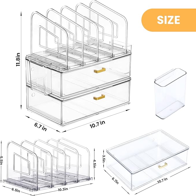 LALOBLUE Acrylic Desk Organizer with Drawer, Office Supplies,Organization Storage, 2 PC Drawer Organizer with 4 File Sorter, Desk Organizers and Accessories, Clear Acrylic File Organizer