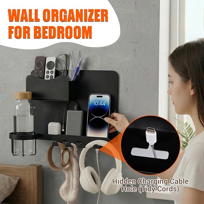 Floating Bedside Shelf & Bedside Wall Organizer, Metal with Detachable Cup Holder, No-Drill Wall Mounted Storage for Bedroom, Dorm, Teen Girls Room, Loft Bed, RV, Bunk Bed & Small Space Organization