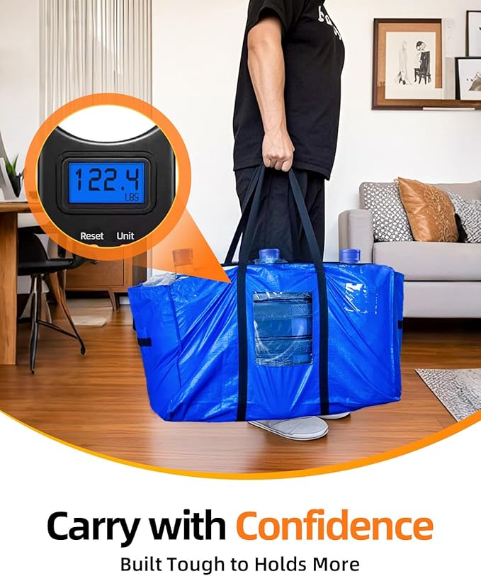 Extra Large Moving Bags, 4 Pack Heavy Duty Storage Bags Boxes Bins Totes with Hnadles Zippers Visible Window for Clothes College Dorm Travel, Blue