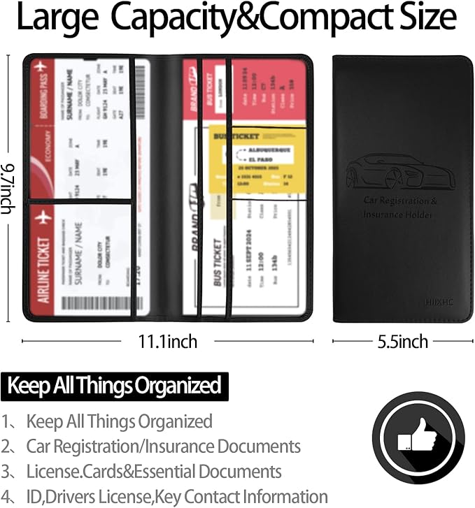 Car Registration and Insurance Card Holder - Leather Vehicle Glove Box Automobile Documents Paperwork Wallet Case Organizer for ID, Driver's License, Key Contact Information Cards