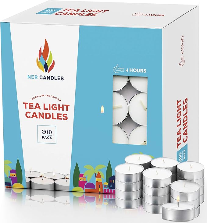 200 Unscented Tea Lights Candles White, Smokeless, Dripless & Long Lasting Paraffin Small Votive Mini Tealight Candle for Home, Pool, Shabbat, Weddings & Emergencies (200-Pack)