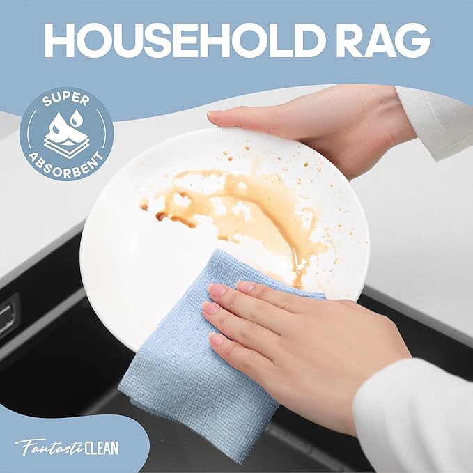 Fantasticlean Microfiber Cleaning Cloth Roll -60 Pack, Tear Away Paperless Towels, 8" x 8", Reusable Washable Rags, for House Kitchen, Pet, Office, Indoor Outdoor, Compact and Portable (Baby Blue)