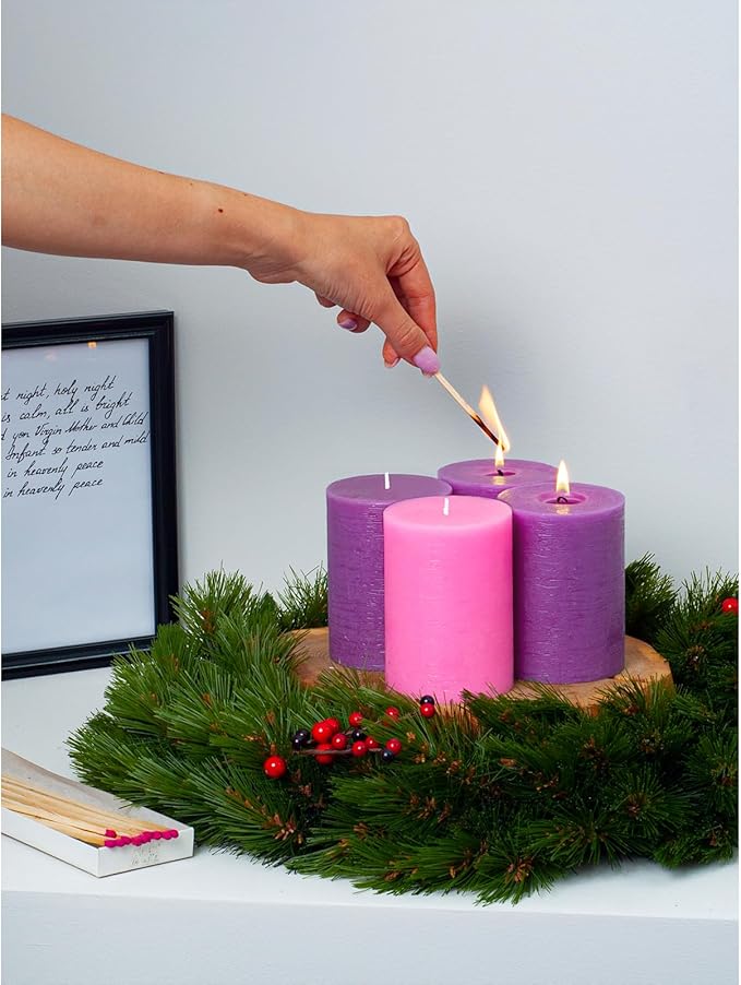 CANDWAX 3x4 Inch Advent Pillar Candles Set of 4 - Long Burning Dripless Unscented Pillar Candles - Rustic Style for Advent Wreaths, Christmas Décor - 3 Purple and 1 Pink Pillars
