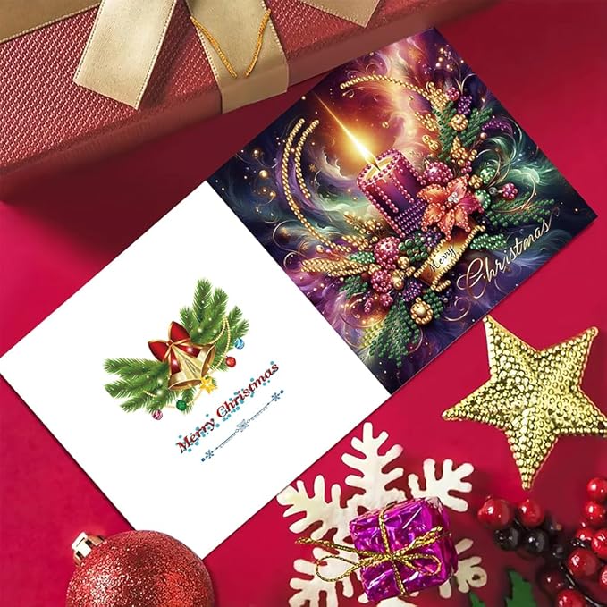 6Pcs Christmas Diamond Art Kits for Adults - DIY 5D Diamond Painting Cards with Envelopes, Sparkling Holiday Candles & Wreath Greeting Cards, Special Shaped Drill Art Crafts
