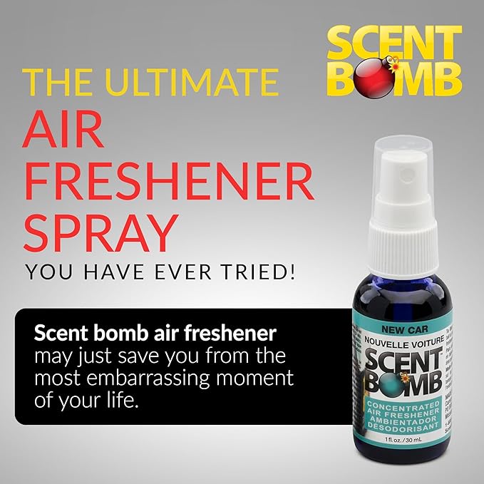 Scent Bomb Air Freshener Spray, Long-Lasting Odor Eliminator - Effective Deodorizer for Home & Car, Fresh Room Spray for Kitchen, Bathroom & Smell Neutralizer - 1 oz Pack of 4, New Car Scent