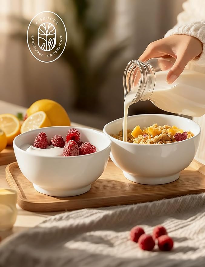 AISBUGUR Ceramic Bowls Set of 6-26OZ Deep Soup Bowls Salad Bowls for Kitchen Microwave & Dishwasher Safe - White Serving Bowls for Cereal, Soup, Pasta, Dessert