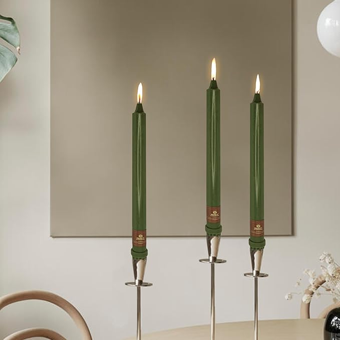 Olive Green Taper Candle 10 Inch Long Candlesticks Unscented Dripless Tapered Candle Set for Home Decor Wedding Party Dinner Candles, 4 Pack