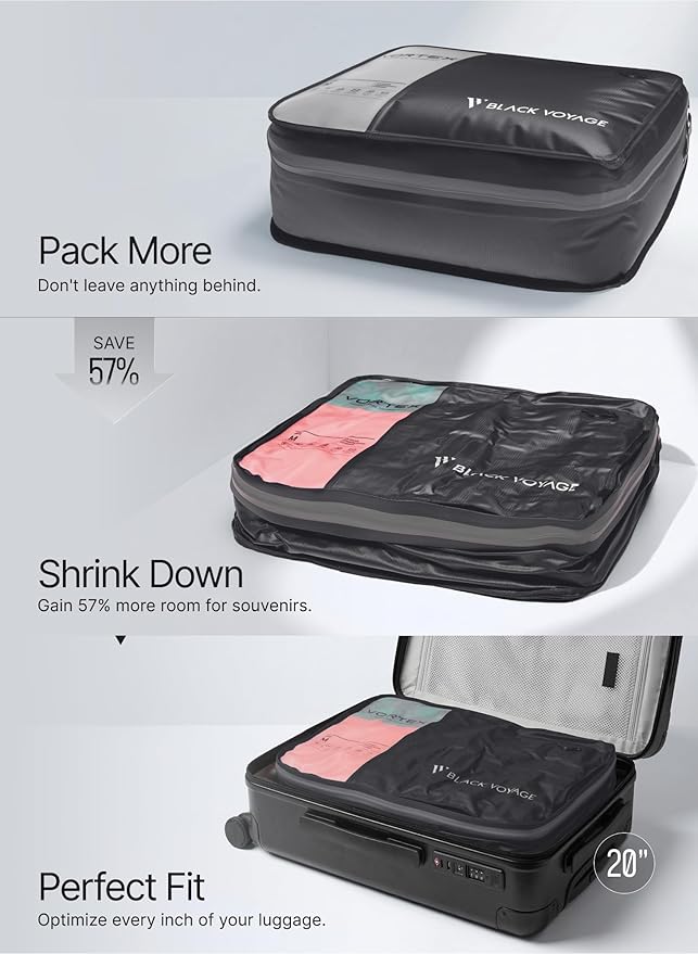 Black Voyage Reusable Vacuum Compression Travel Bag for Carry-On Suitcase and Backpack, Recycled IP67 Waterproof Space Saver (2-Pack, 21L - No Pump)