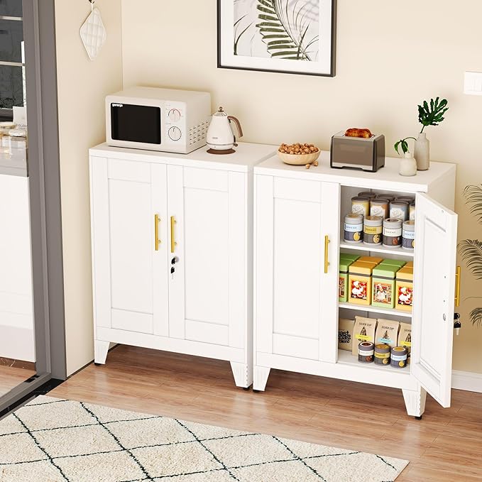 White Metal Storage Cabinet, 36" Tall Locking Storage Cabinet with 2 Adjustable Shelves, Steel Locker Organizer, for Office, Home, School, 2PS