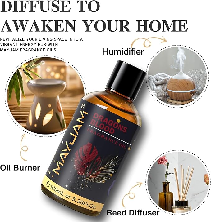 MAYJAM 100ML/3.38FL.OZ Dragons Blood Fragrance Oils with Glass Dropper, Essential Oils for Diffusers for Home, Long Lasting Scented Oils for Diffusers Soap Candle Making