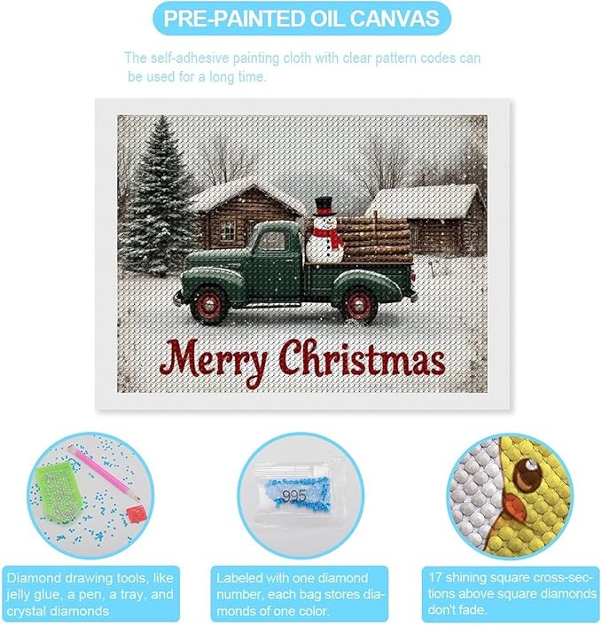 AIVKIEJK Diamond Painting Kits for Adults - Christmas Truck with Snowman & Cabin Winter Painting DIY 5D Full Drill Diamond Dots Paintings with Diamonds Gem Art and Crafts Home Decor 12"x16"