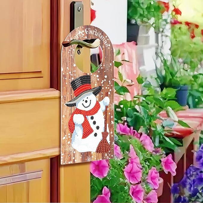 Diamond Art Wood Christmas Door Knob Hanger Sign DIY Kits 5D Diamond Art Painting Christmas Snowman Doorknob Hanging Decorations Special Shaped Beads Paint by Number Mosaic Home Room Front Door Decor