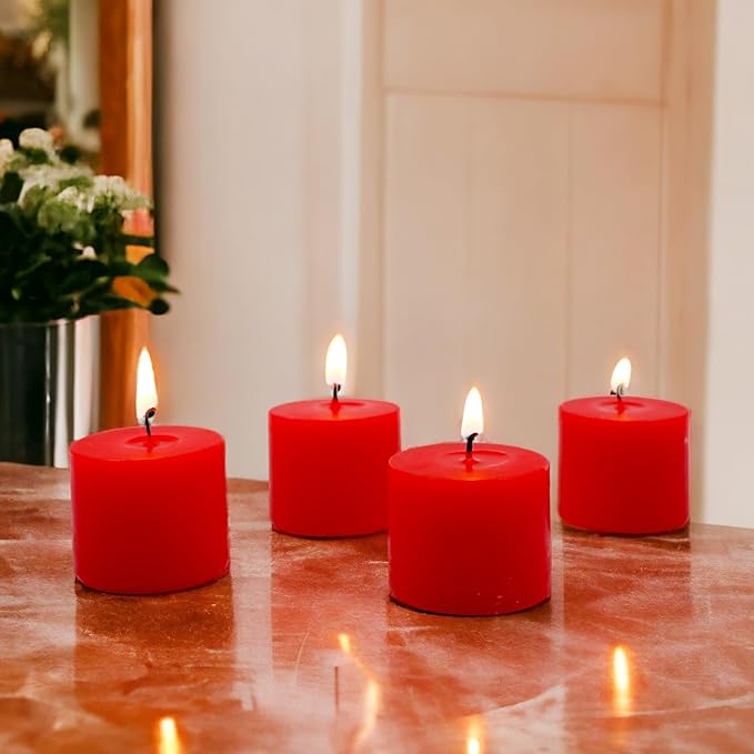 Hosley Set of 30 Unscented Pressed Red Votive Candles – Bulk Pack, Clean-Burning, Long-Lasting 10-12 Hour Burn Time – Ideal for Weddings, Home Décor, Spa, and Events