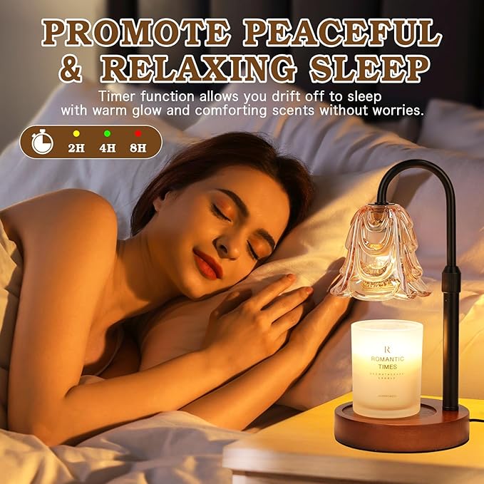 Small Candle Warmer Lamp with Timer, Adjustable Flower Lamp Warmer for Jar Candles, Unique Women Gifts for Birthday, Dimmable Candle Heater, Cute Wax Warming Light with Wood Base