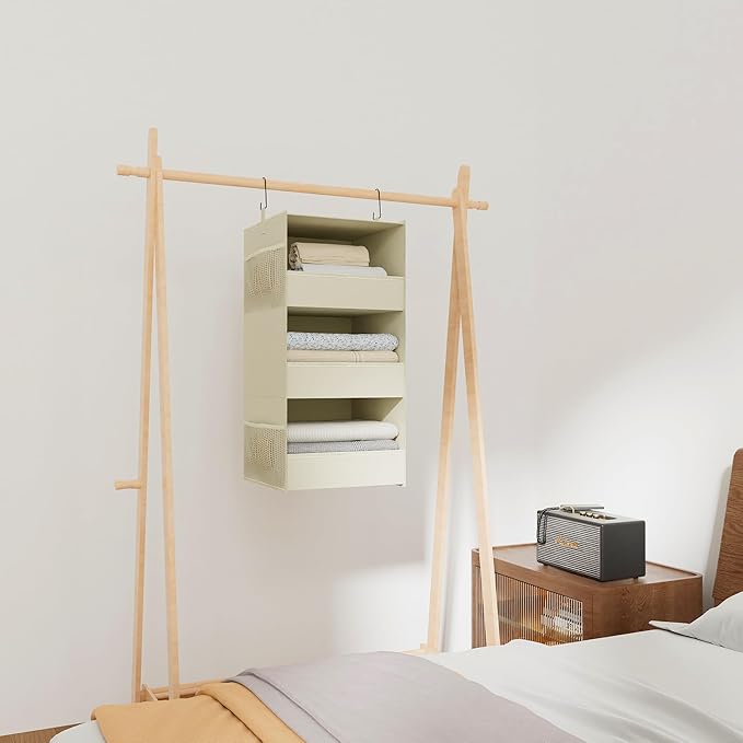 3-Shelf Hanging Closet Organizer and Storage, Foldable Hanging Closet Shelves Front Lip Design Washable Hanging Storage, Beige