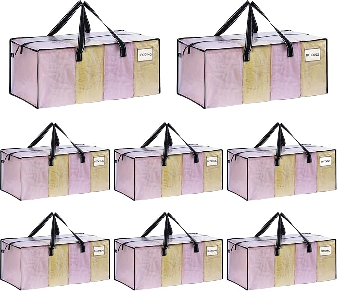 VENO 8 Pack Heavy Duty Moving Bags, Christmas Storage Bins with Lids, Clear Design, Alternative to Moving Boxes, Storage Bags for Clothes, Blankets, Comforters, Pillows, Camping (Clear, 8 Pack)