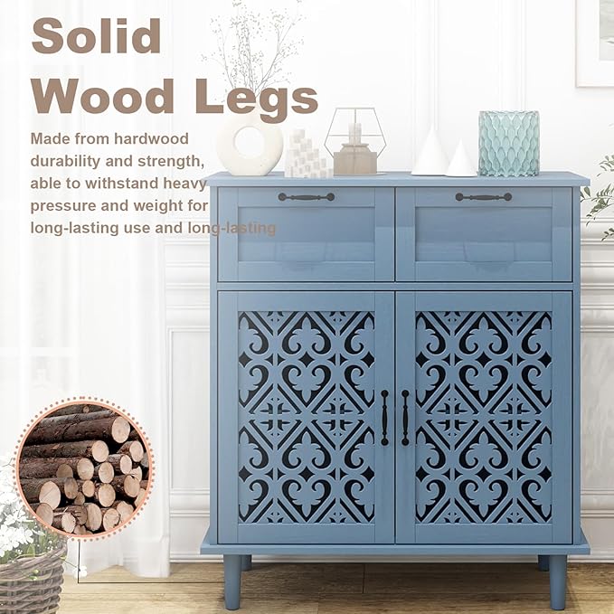 vistavie Blue Buffet Sideboard Cabinet with 2 Doors 2 Drawers - Accent Cabinet with Adjustable Shelves，31.5 Inch Wide Wood Storage Cabinets for Dining Room,Study Room and Kitchen