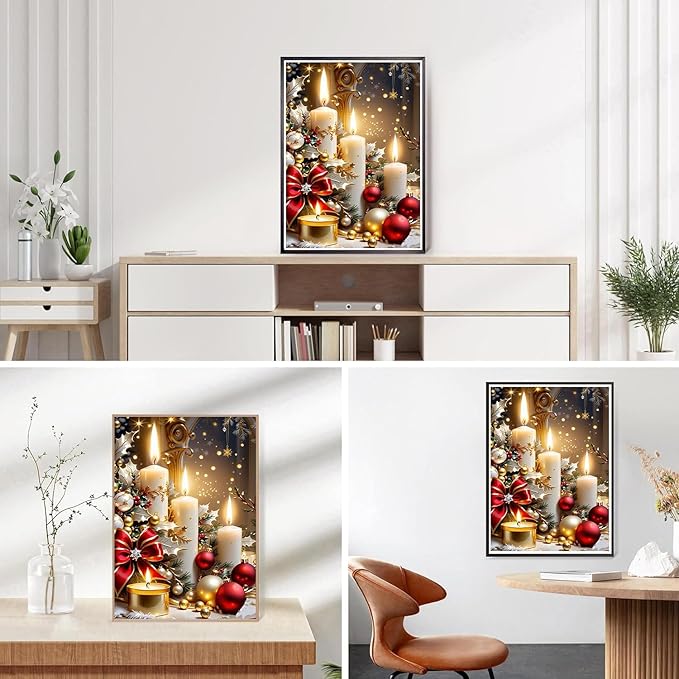 Mrnsiet Christmas Diamond Painting Kits for Adults, Christmas Candles Diamond Art for Beginners, 5D Round Full Drill Winter Diamond Painting Gem Art Kits for Home Wall Decor 12x16inch