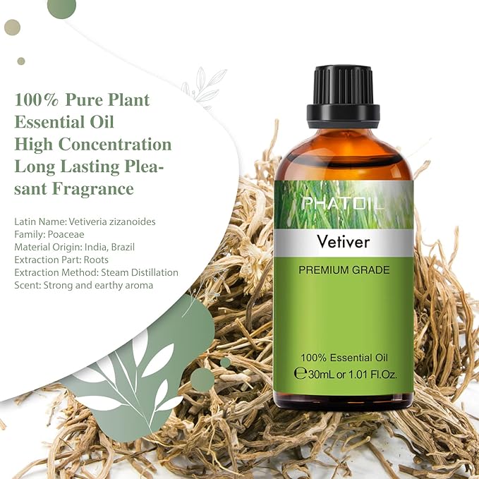 Vetiver Essential Oil, 1.01Fl.Oz (30ML) PHATOIL Pure Essential Oil Singles for Aromatherapy Diffusers, Humidifiers, Great for DIY Candle and Soap Making, Gift for Friend
