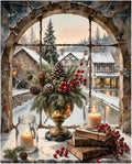 Winter Paint By Numbers Kit For Adults - Diy Holiday Window With Pinecones And Candles Painting On Canvas 16X20 Inches, Acrylic Paint Set, Suitable For Beginners, Cozy Home Decoration Art, Unframed