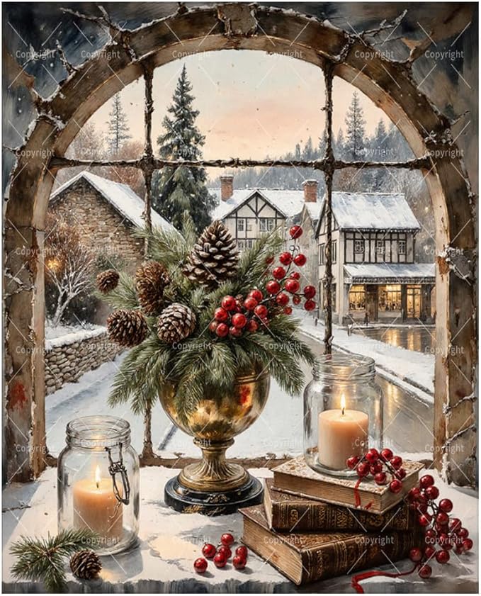Winter Paint By Numbers Kit For Adults - Diy Holiday Window With Pinecones And Candles Painting On Canvas 16X20 Inches, Acrylic Paint Set, Suitable For Beginners, Cozy Home Decoration Art, Unframed