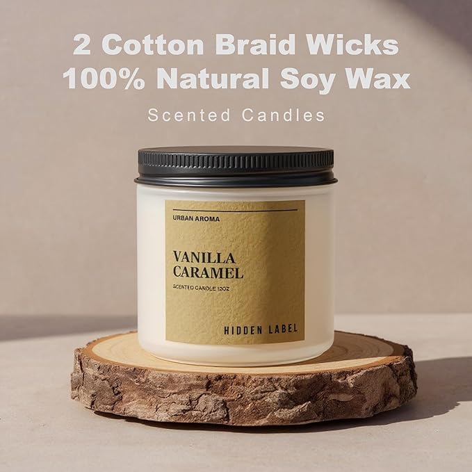 Hidden Label Vanilla Caramel Scented Candle, 12oz Large Soy Wax Candle for Home Scented, 70H Long Lasting 2-Wick Non Toxic Aromatherapy, Sweet & Cozy Home Decor Gift for Relaxation, Stress Relief
