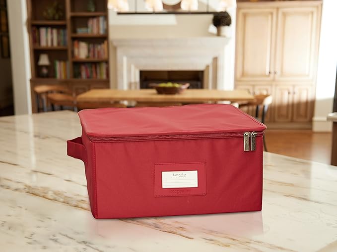 Covermates Dish Storage Box – China & Dinner Plate Storage Container with Dual Zippers, Reinforced Handles, ID Window & Stackable Structured Walls for Dishware Organization, Scarlett Red